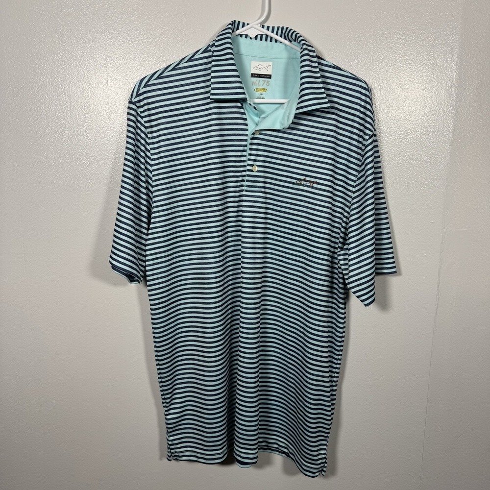 Greg Norman ML75 Polo Shirt Men's Large Blue Stripped Golf/Tennis